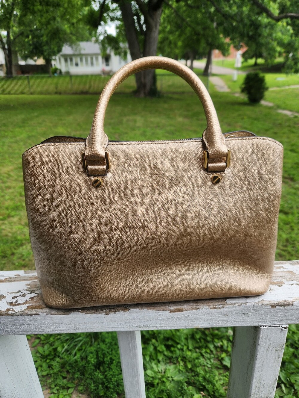Michael Michael Kors Metallic Gold Leather Satchel Crossbody Preloved - Picture 3 of 14
